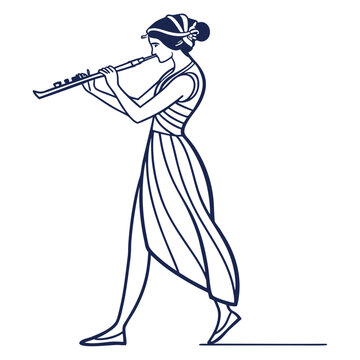 woman playing flute, blue line art clip art preview