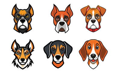 Collection of distinct dog breed portraits in a graphic illustration style. Diverse Dog Breed Heads and Faces.