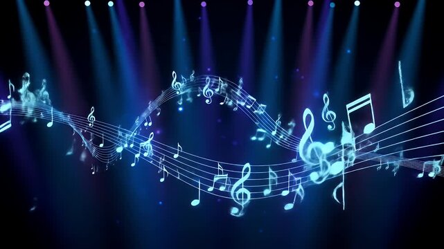 Dynamic Glowing Musical Notes and Treble Clefs Flowing on a Dark Stage with Blue Lights.