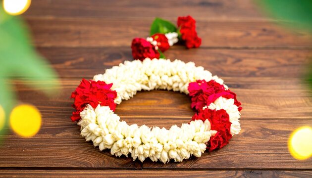 Floral Garland of Jasmine and Roses on a Wooden Surface