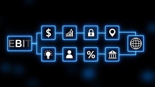 EBIT earnings before interest and taxes financial concept diagram with glowing neon icons on a dark background