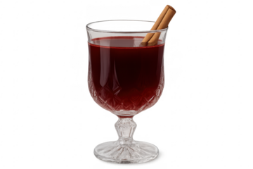 Elegant crystal glass containing mulled wine with cinnamon sticks on transparent background