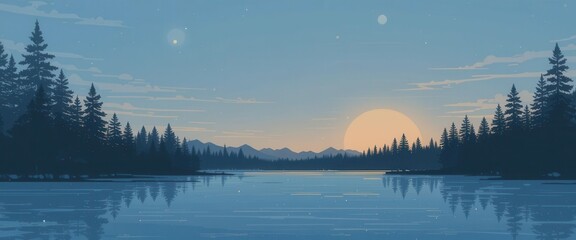 Minimal Lake Sunset  Clean Forest Silhouette and Flat Color Water