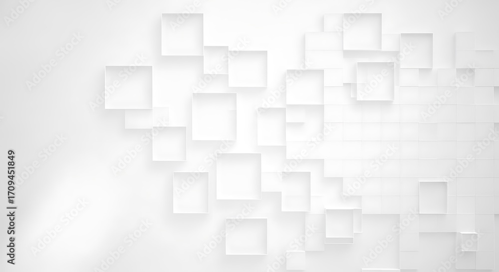 Poster abstract white geometric background with embossed squares and rectangles pattern and subtle shadows
