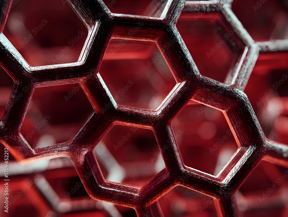 Poster close-up view of intricate metallic hexagonal structures, showcasing modern design and advanced mate