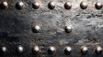 Close-up of a textured metal surface featuring rivets, showcasing wear and character for industrial themes.