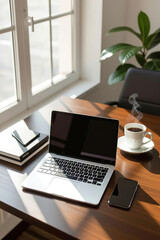 Modern dark wood office desk table with laptop, smartphone and other supplies with cup of coffee. coppy space for input the text in the middle. Top view, flat lay