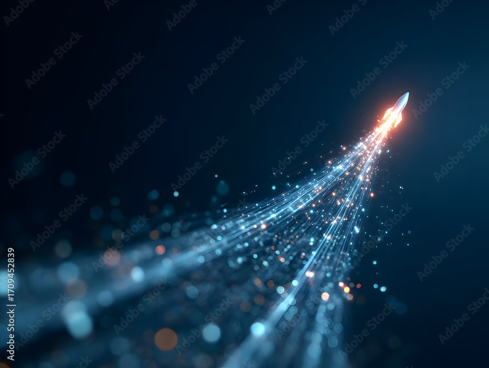Poster a stunning visual representation of speed and innovation with dynamic light trails against a dark ba