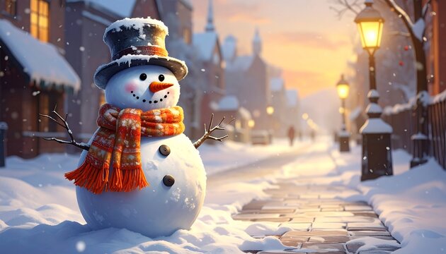 Enchanting winter wonderland scene with whimsical snowman in a townscape
