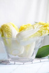 Fresh Baby Bok Choy Chinese Cabbage in Glass Bowl Ready for Cooking