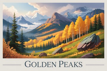 Panoramic autumn mountain valley with golden aspen trees and dramatic peaks under bright sunlight and cloudy sky&rdquo;