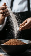 Medium shot of chef adding Alternative Protein Insect Powder into mixing bowl for sustainable food preparation.