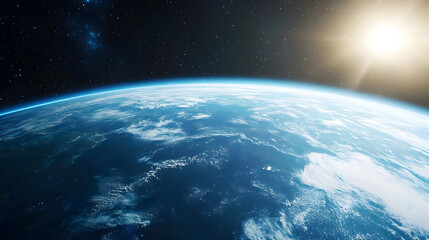 Fototapeta premium Stunning view of Earth from space, showcasing the blue oceans and white clouds under the light of the sun, highlighting planetary beauty.