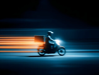 A dynamic shot of a delivery rider on a motorcycle racing through the night, capturing the thrill of urban transport.