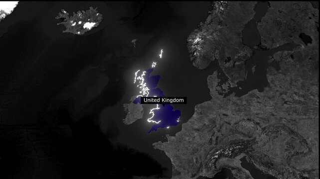 Satellite view of united kingdom and europe at night with city lights highlighted in white color
