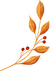 Watercolor hand drawn illustration of thin tree branches twigs with yellow orange leaves leaf berries. Autumn fall forest wood woodland natural elements, october november clipart, elegant style.
