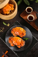Steamed Yangcheng Lake Hairy Crabs Traditional Chinese Seafood Delicacy with Tea Service