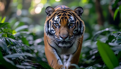 Obraz premium Intense Gaze A Majestic Tiger Strolling Through Lush Greenery
