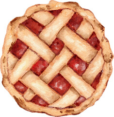 Hand drawn watercolor illustration of lattice pie, fruit berry recioe dessert. Tasty delicious pastry homemeade rustic crus, baked bakery apple filling, thanksgiving table cuisine, dish organic food