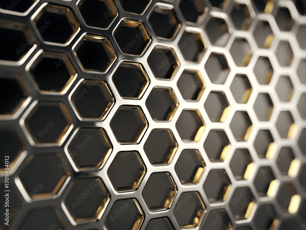 Poster Close-up view of a metallic honeycomb pattern showcasing a modern design element with intricate details and reflections.