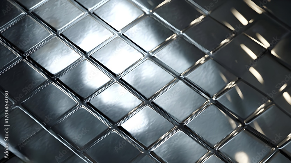 Poster close-up shot of a metallic surface with square patterns reflecting light, showcasing industrial des