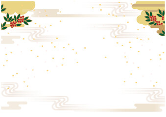 金箔風の和風背景と南天のベクターイラスト（正月・年賀状向け）