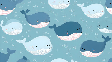 A playful illustration of various whales swimming together in a whimsical ocean setting, perfect for children's art or educational materials.