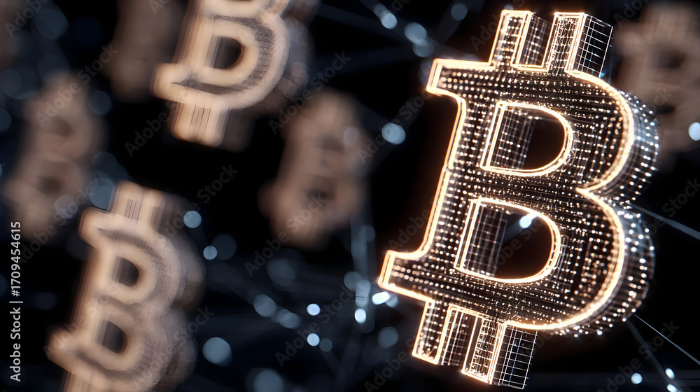 Poster close-up of illuminated bitcoin symbols representing modern cryptocurrency and digital finance in a 