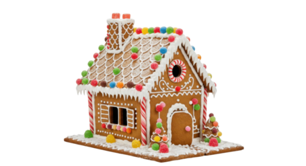 A colorful gingerbread house decorated with icing and sweets for Christmas on a transparent background