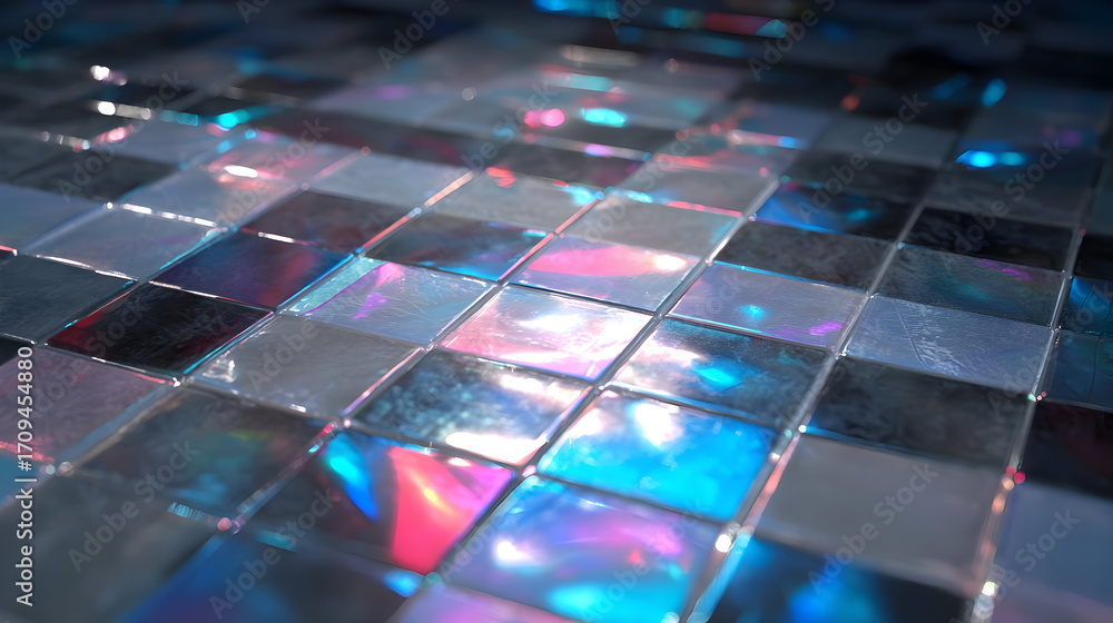 Poster a vibrant mosaic pattern featuring shimmering tiles that reflect light and color, ideal for creative