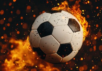 Naklejka premium Soccer Ball Surrounded by Flames and Sparks in Dark Background