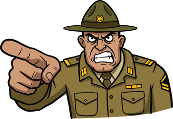 Cartoon drill sergeant pointing forward, stern shouting expression, green hat, brown uniform with insignia, military training command illustration, authority leadership concept artwork