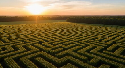 Aerial drone view of a vast green maze at sunset with sun rays shining through the trees
