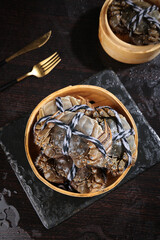 Fresh Yangcheng Lake Hairy Crabs in Bamboo Steamer - Chinese Specialty Seafood Delicacy Closeup