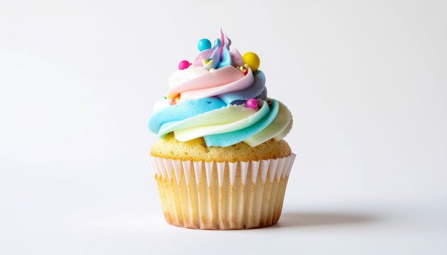 Delicious Cupcake with Colorful Swirls and Sprinkles on White Background
