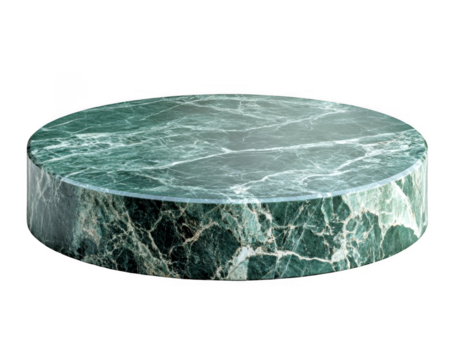 Round green marble podium features textured surface, displayed on transparent background