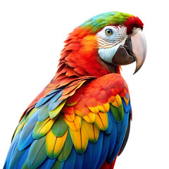 Obraz premium A vibrant scarlet macaw parrot with colorful feathers, including red, yellow, blue, and green, isolated on a transparent background, showcasing its detailed plumage and beak