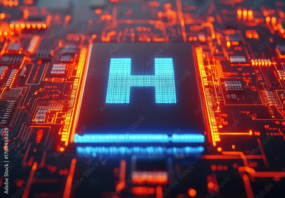 Poster Futuristic Microchip Design with Glowing Elements and Digital Texture