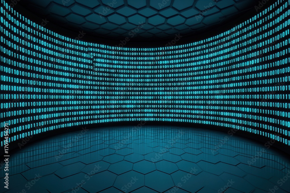 Aufkleber blue digital data room with binary code and hexagonal patterns