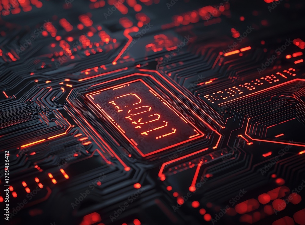 Poster abstract red circuit board design with illuminated chip details