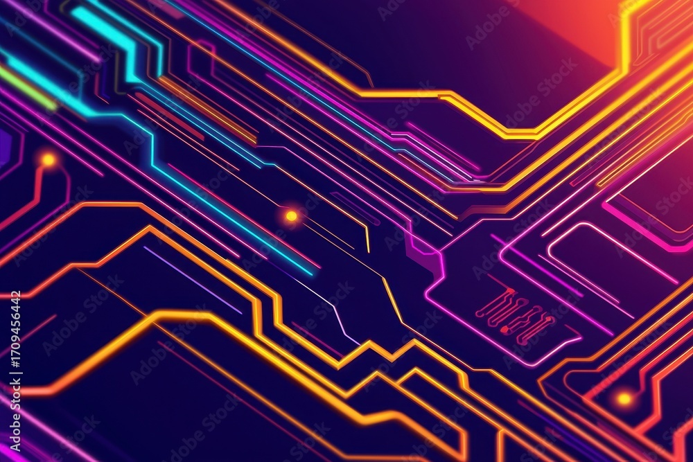Poster vibrant abstract technology background with neon circuit patterns