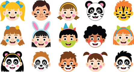 Various children with face painting vector images