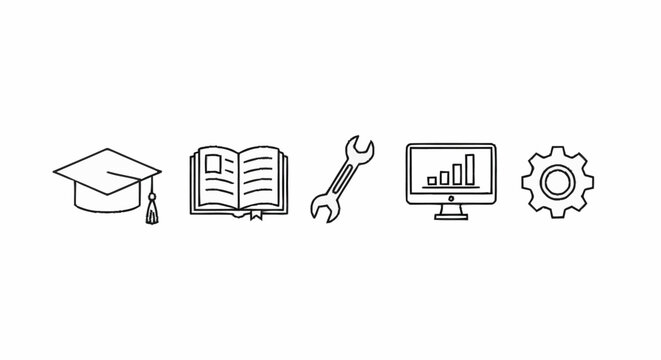 Education, tools, and technology symbols arranged in a row, representing learning, work, and progress