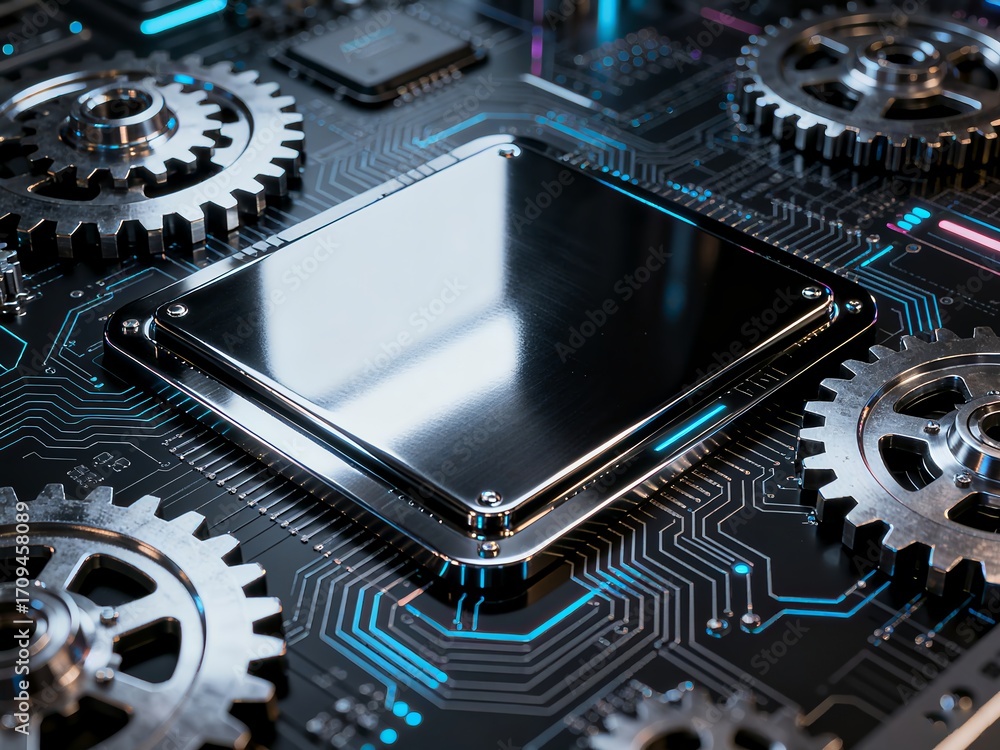 Fototapete microchip on circuit board with mechanical gears, ai and robotics technology concept, futuristic 3d 