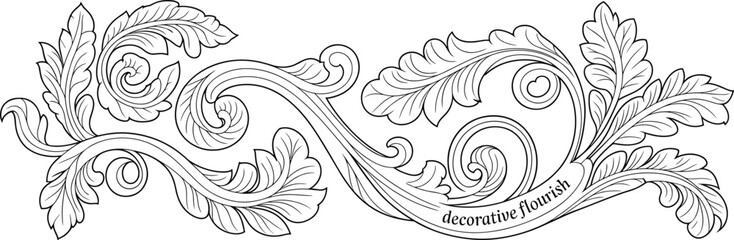 Elegant decorative flourish, vintage acanthus leaf ornament, baroque swirl design, ornate vector pattern, classical scrollwork, luxury border element, intricate engraving style