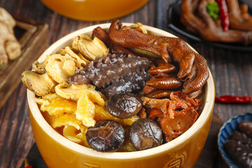 Buddha Jumps Over the Wall Chinese Soup in Golden Bowl - Authentic Traditional Delicacy with Premium Ingredients