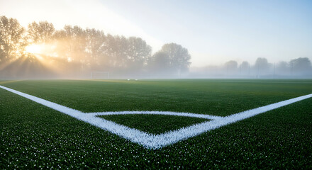 Obraz premium Golden sunbeams illuminate a pristine green sports field corner through morning mist, capturing the serene beauty of dawn and the promise of new beginnings