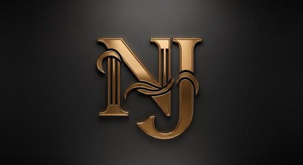 Elegant Gold Metallic Monogram Letters NJ on Dark Background