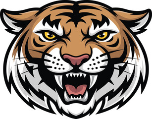 Ferocious roaring tiger head mascot illustration, aggressive wild animal face design, powerful jungle predator artwork, sports team logo vector
