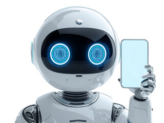 Futuristic robotic character displaying a mobile device with glowing digital interfaces